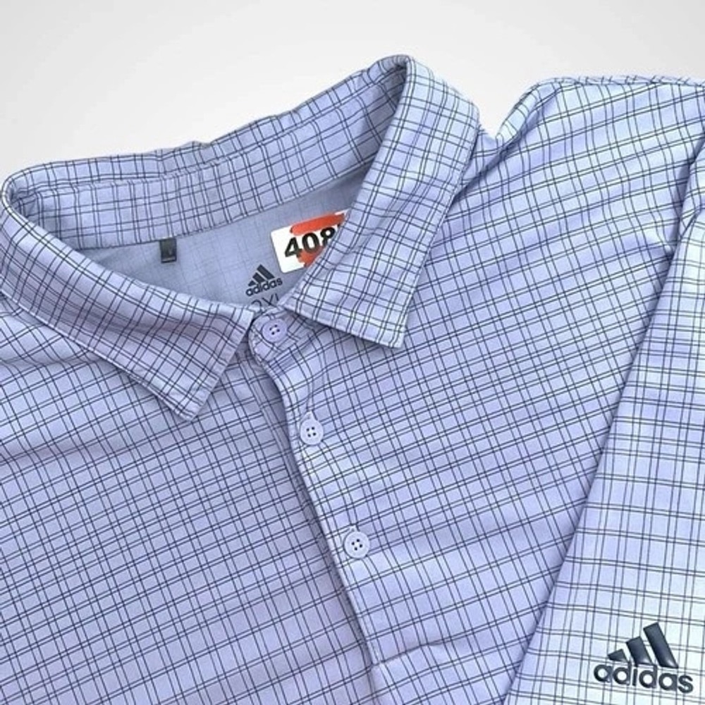 NWOT Adidas Primegreen Blue Grid Plaid Short Sleeve Polo Shirt Men 2XL China